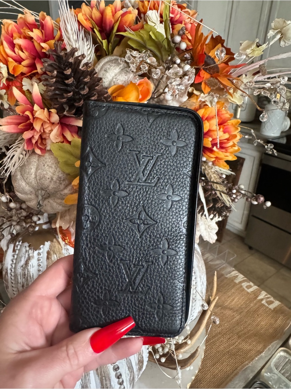 Louis Vuitton Black Embossed Monogram Leather Phone Folio iPhone 15 Pro Max